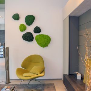 Reference image of Polarmoss Ltd. Several green colored moss interior design elements attached to a wall. Product name Polarmoss Island.