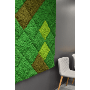 Reference image of Polarmoss Ltd. Colored reindeer moss element. Different sizes and green color variations squares and triangles.. Made by Polarmoss.